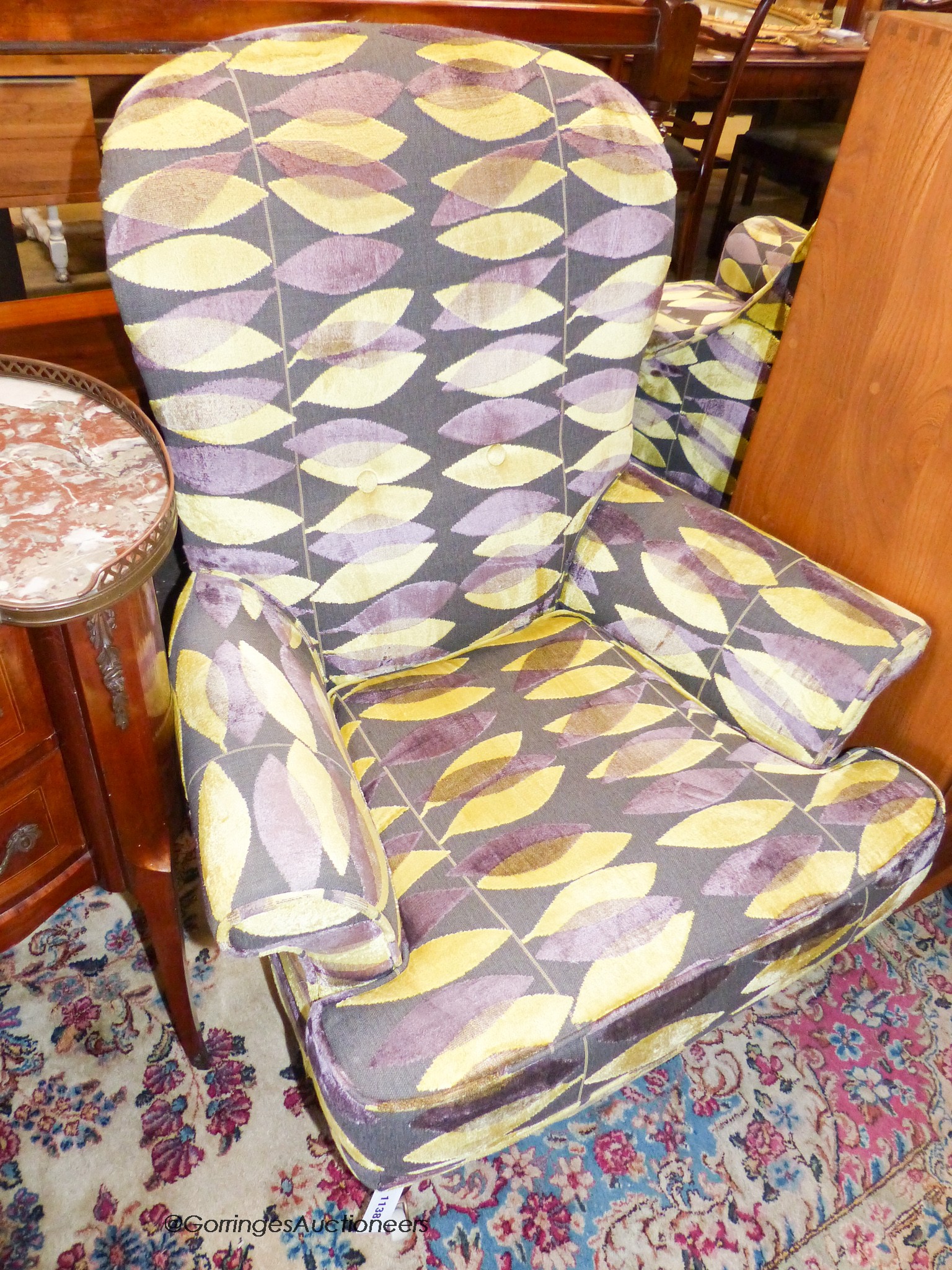A Victorian armchair in Sanderson fabric, width 84cm, depth 78cm, height 100cm